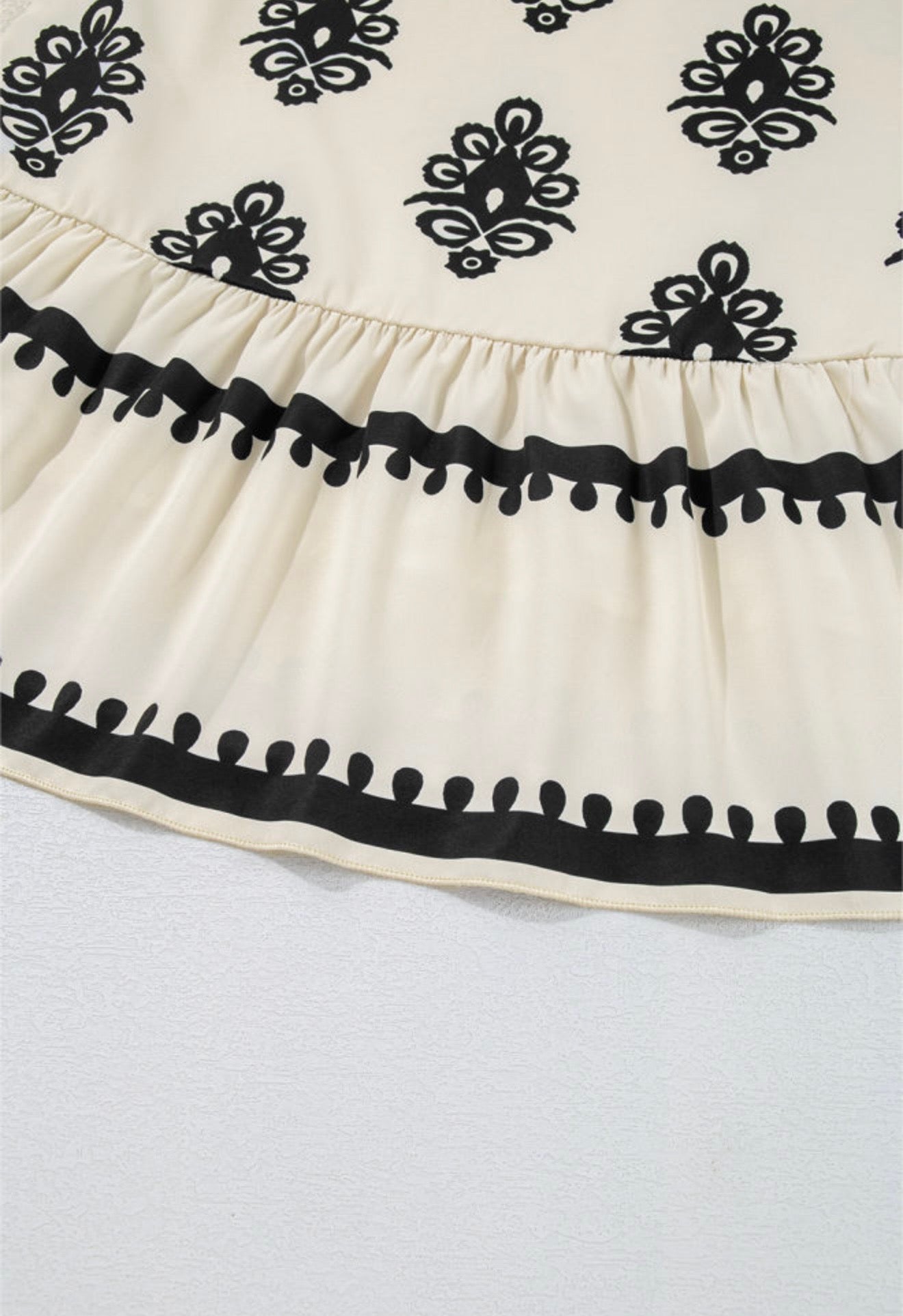 Ivory and Black Print Dress with Back Tie at neck