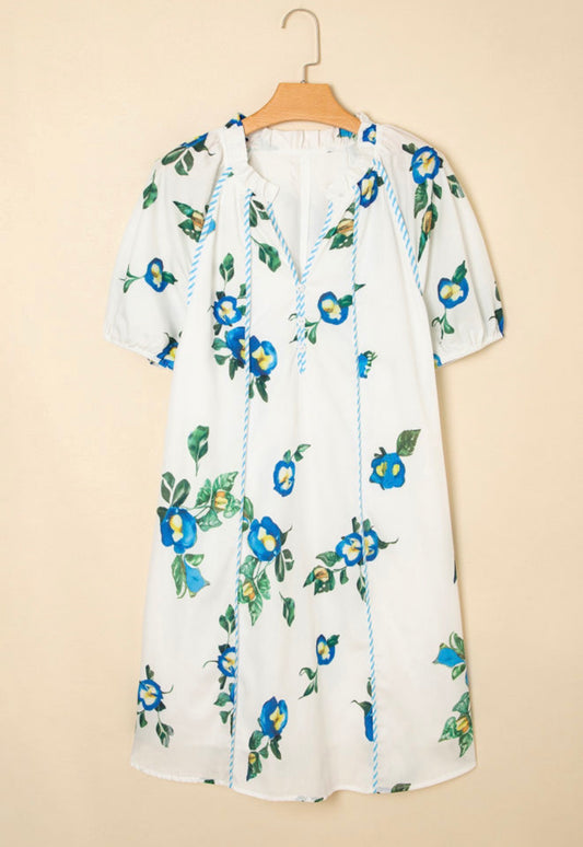 PP34 White Dress with Blue Floral Print and Contrast Tie V Neck and Puff Sleeves