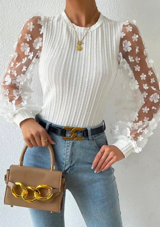 White Sheer Long Sleeved Top with Flower Embelishments