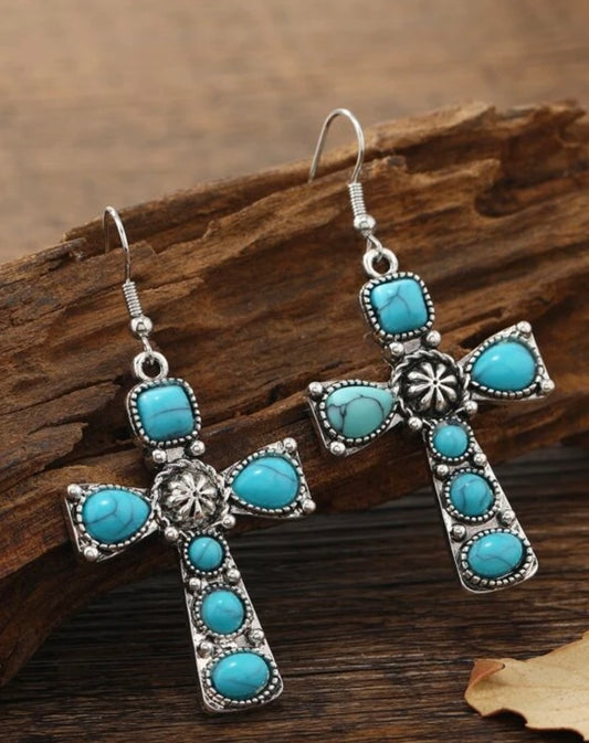 Faux Turquoise Cross Earring