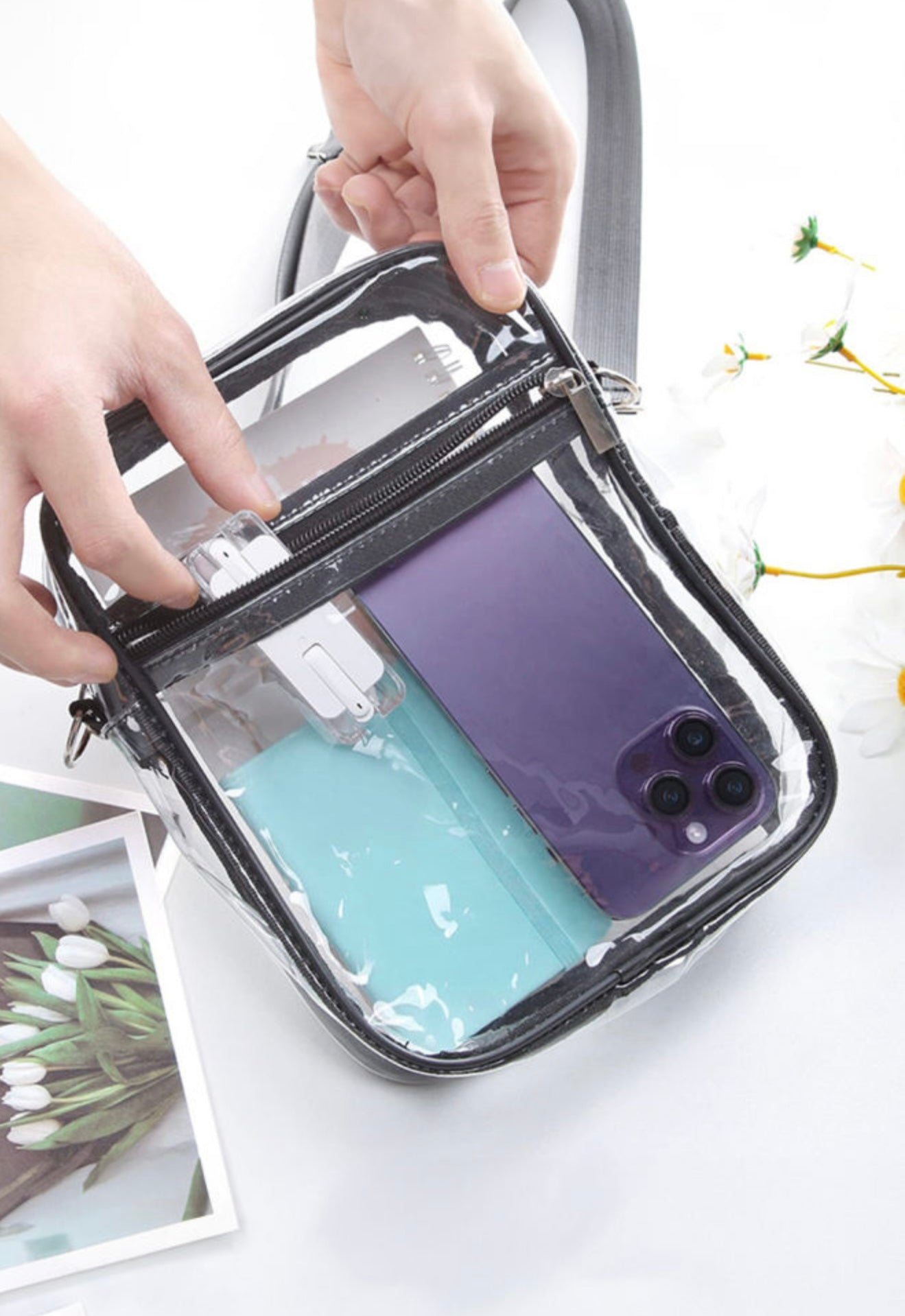 Vertical Clear Stadium Purse with Black Strap