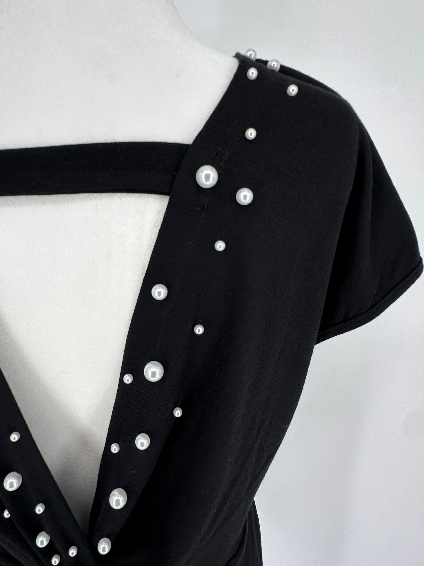 Black Top with Pearl Embellished Deep V Back