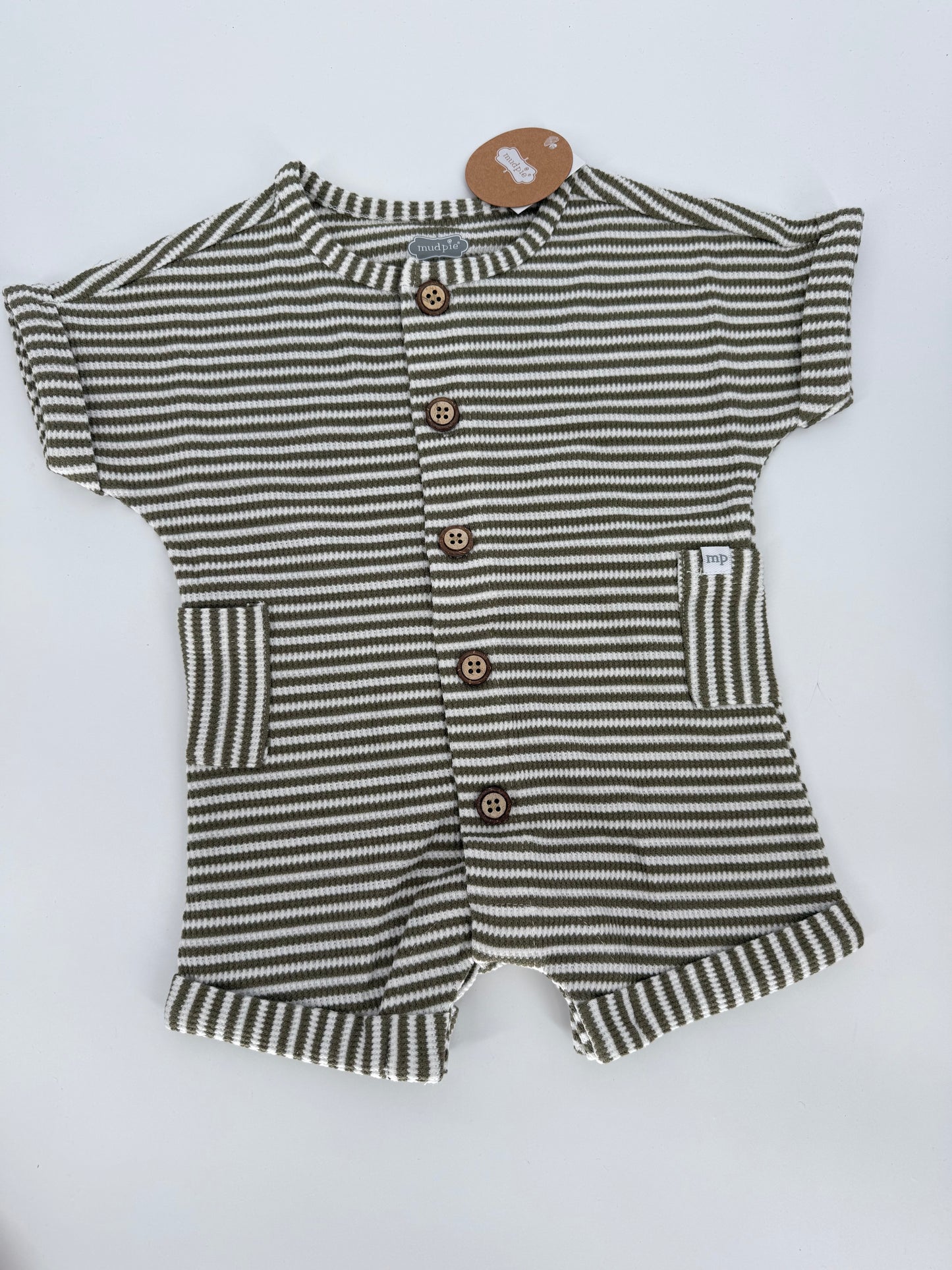 Olive Green Stripe Romper with Side Pockets and Buttons by Mudpie