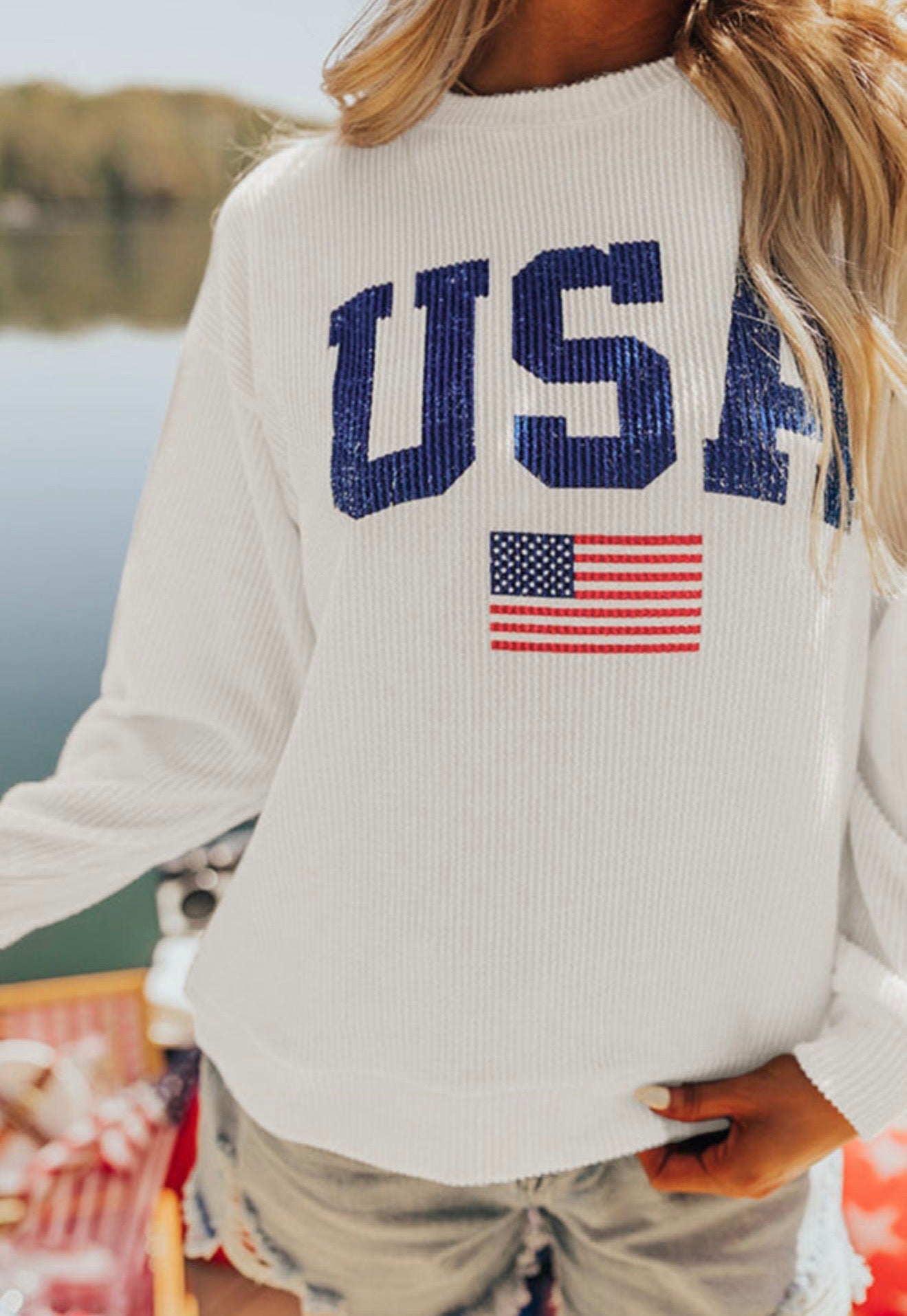 USA printed White Ribbed Texture Top