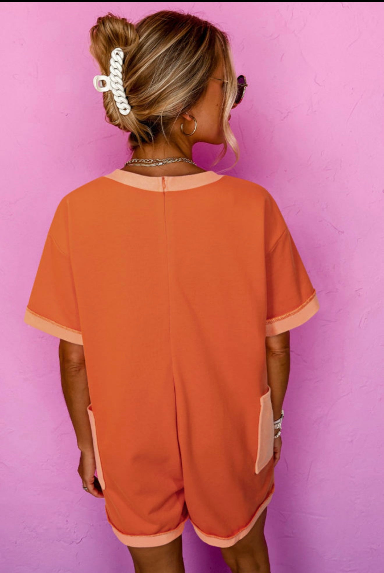 Orange Romper with Peach French Terry Trim and Oversized Pockets
