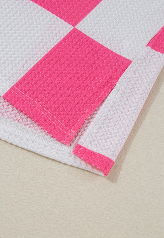 PP29 Hot Pink and White Rib Texture Checkerboard Top with Drop Shoulder and Short Sleeves