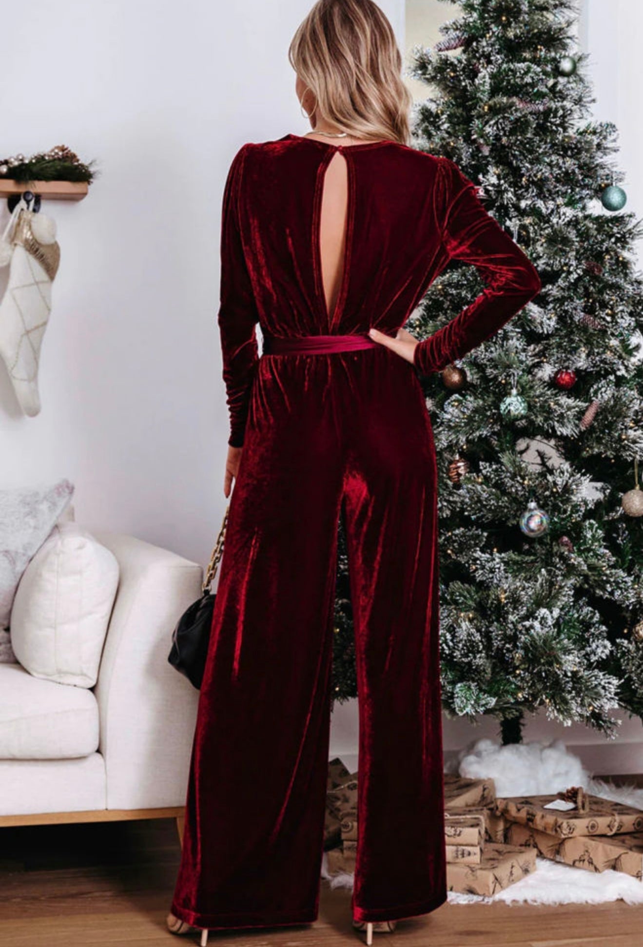 Burgundy Velvet Jumpsuit with Satin Belt