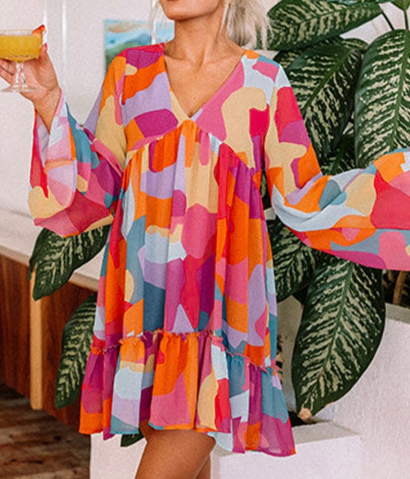 Abstract Bright Printed Baby Doll Dress