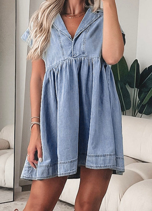Denim Lapel Collar Babydoll Dress