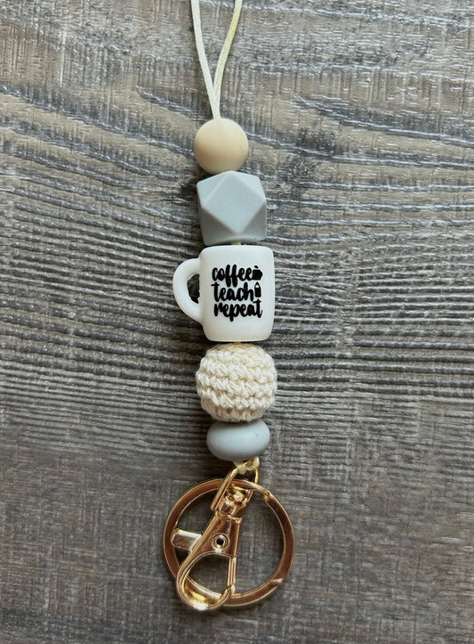 Coffee Teach Repeat Silicone and Crochet Beaded Break Away Lanyard