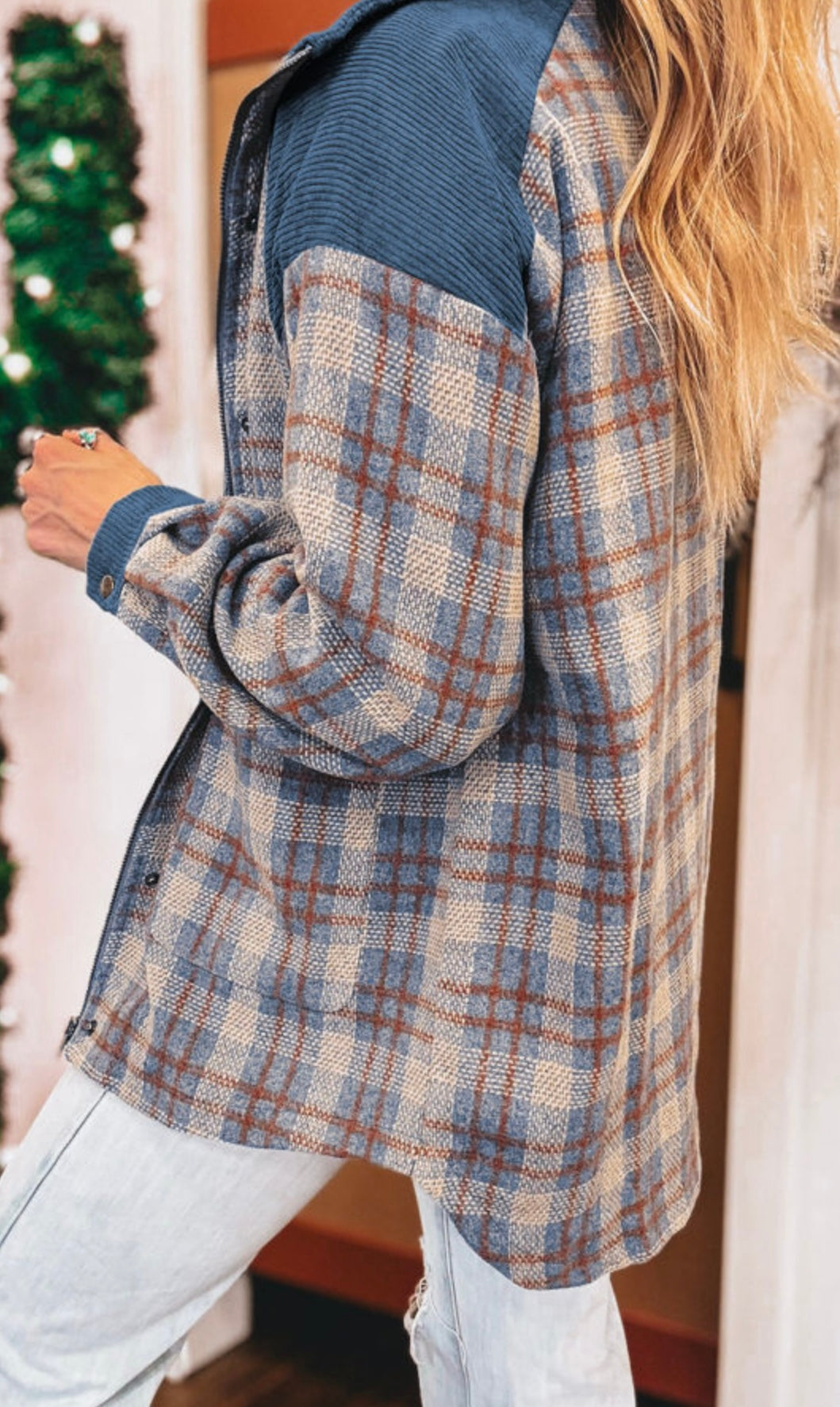 Plaid Jacket with Blue Corduroy Accents