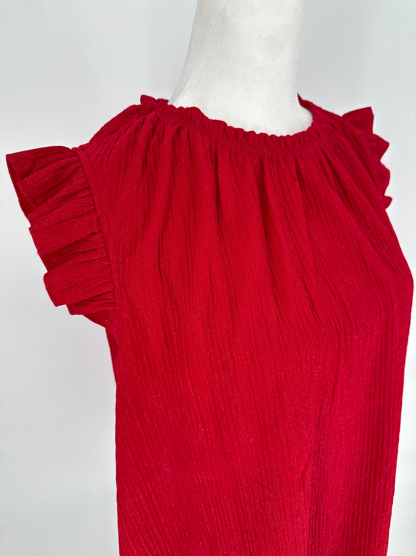 Red Sparkle Sleeveless Blouse with Shoulder Ruffles