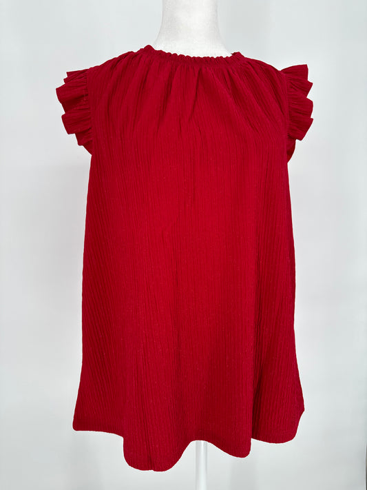 Red Sparkle Sleeveless Blouse with Shoulder Ruffles