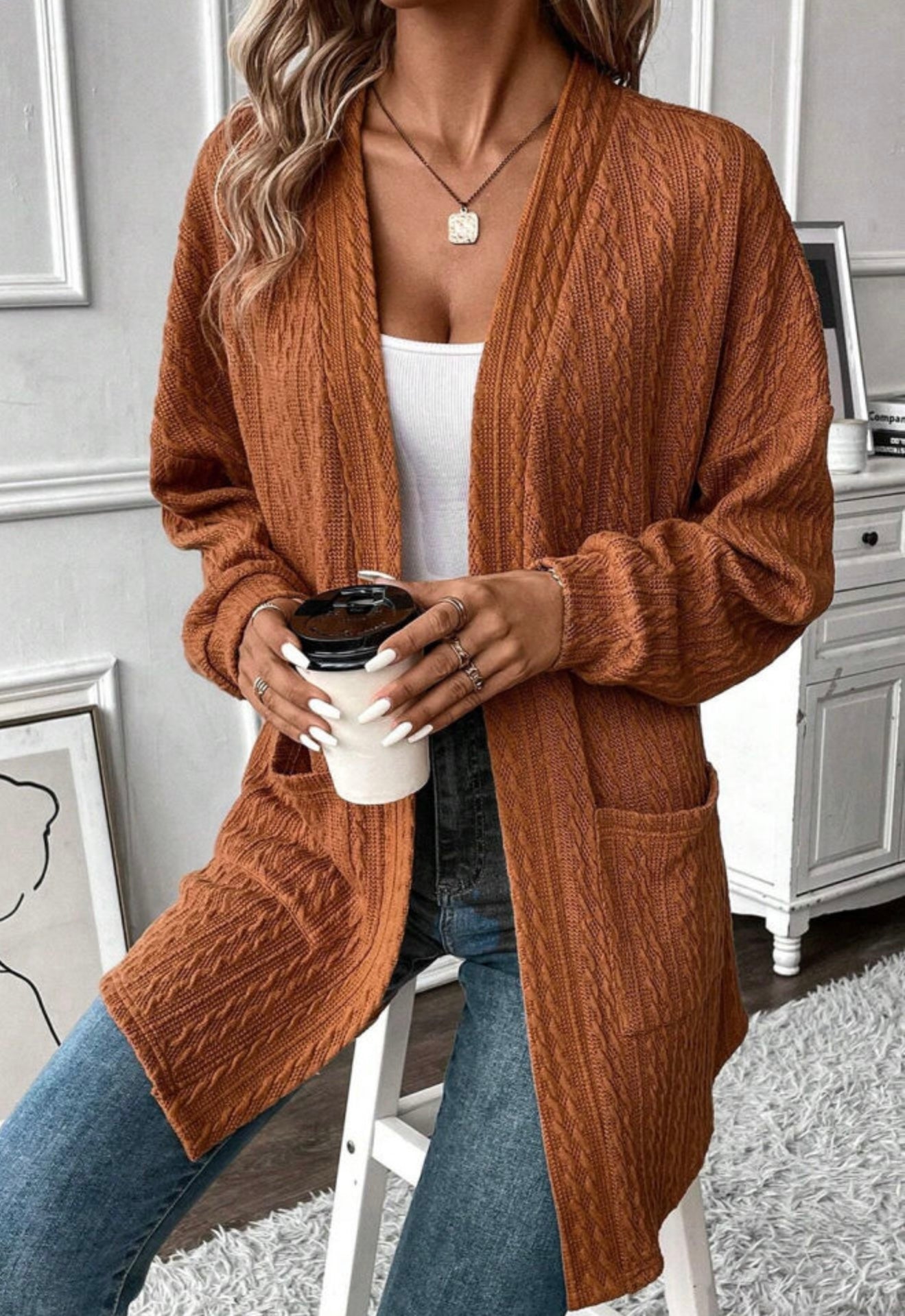 Cable Knit Design Rust colored Cardigan Sweater