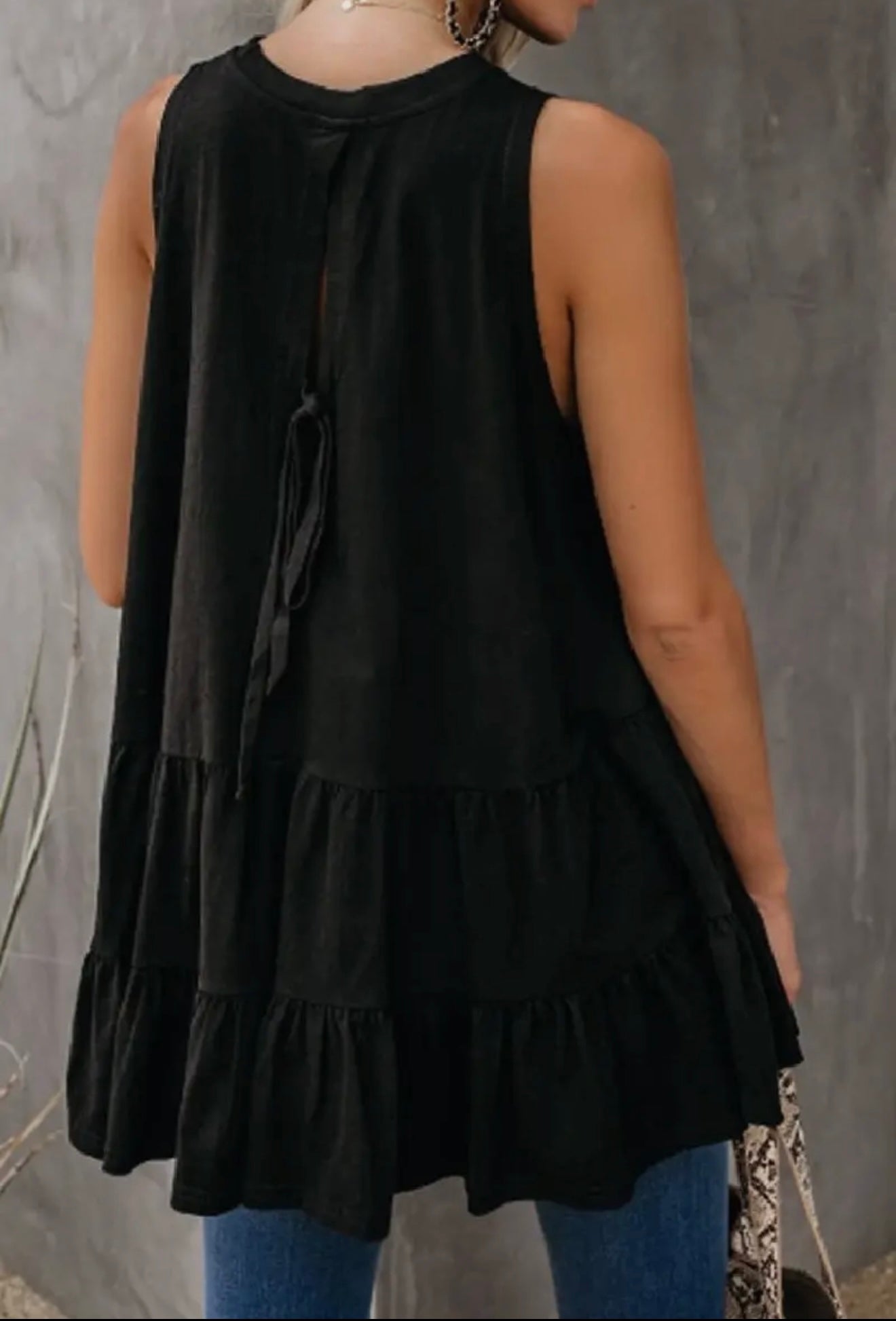 Black Sleeveless Ruffle Hem Tunic with Tie Back
