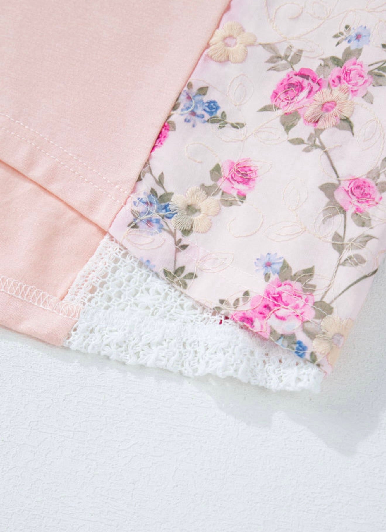 Pink Lace Patchwork Top with Bat Wing Sleeve