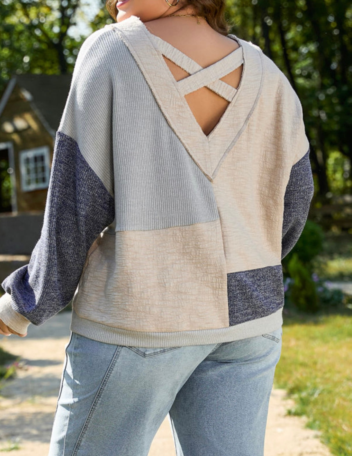 Patchwork Color block Design Cream and Blue top