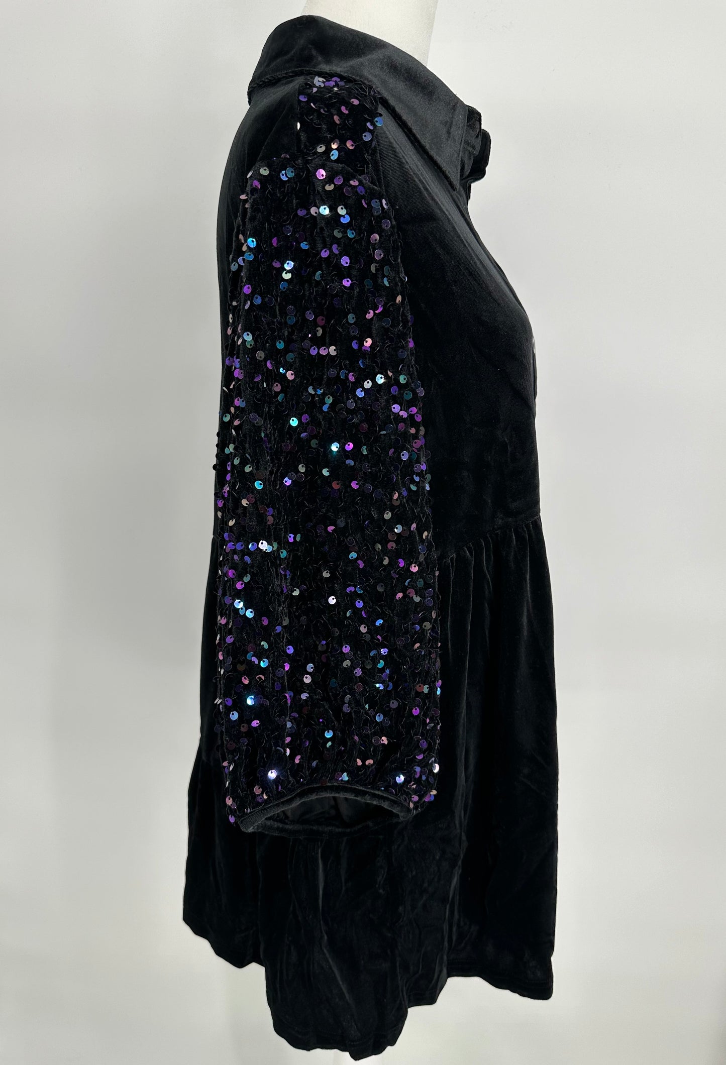 Black Velvet Button Front Dress with Sequin Sleeves