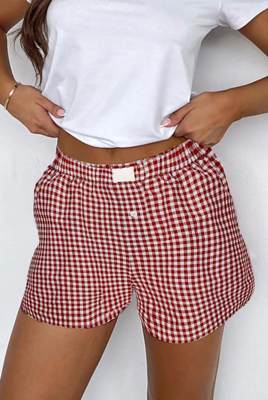 Red Gingham Print Boxer Style Trendy Shorts