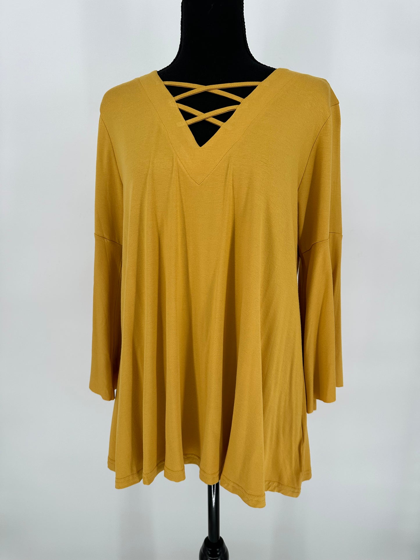 Umgee Mustard Lattice Neck/Back Detail Top