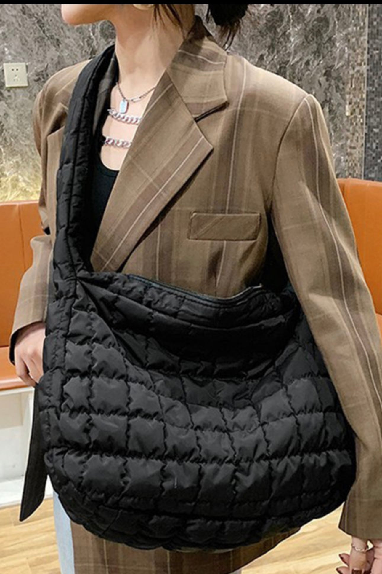 Black or Ivory Puffer Shoulder Tote Bag Purse