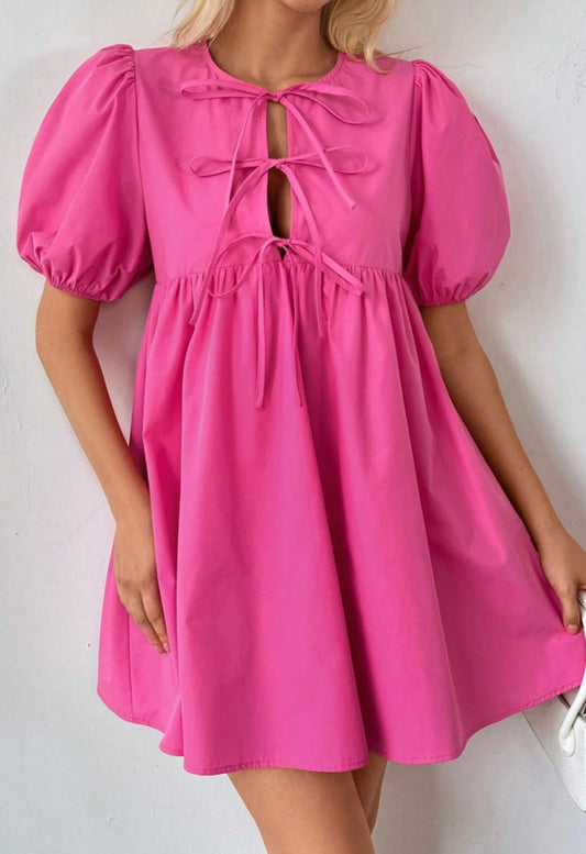 Pink Triple Tie Bow Closure Baby Doll Dress