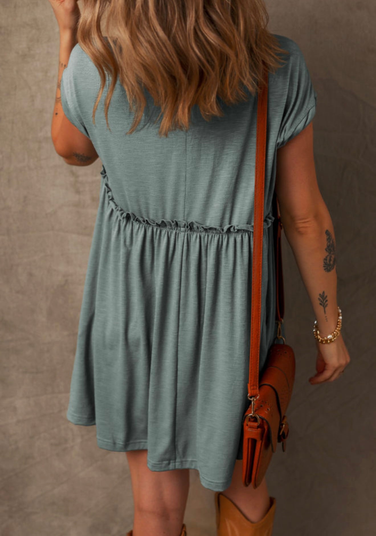 Green Ruffle Gathered T Shirt Dress