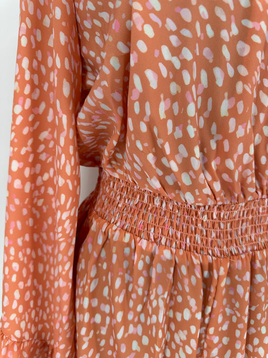 Orange Romper with Long Bell Sleeves and Cinched Elastic Waist