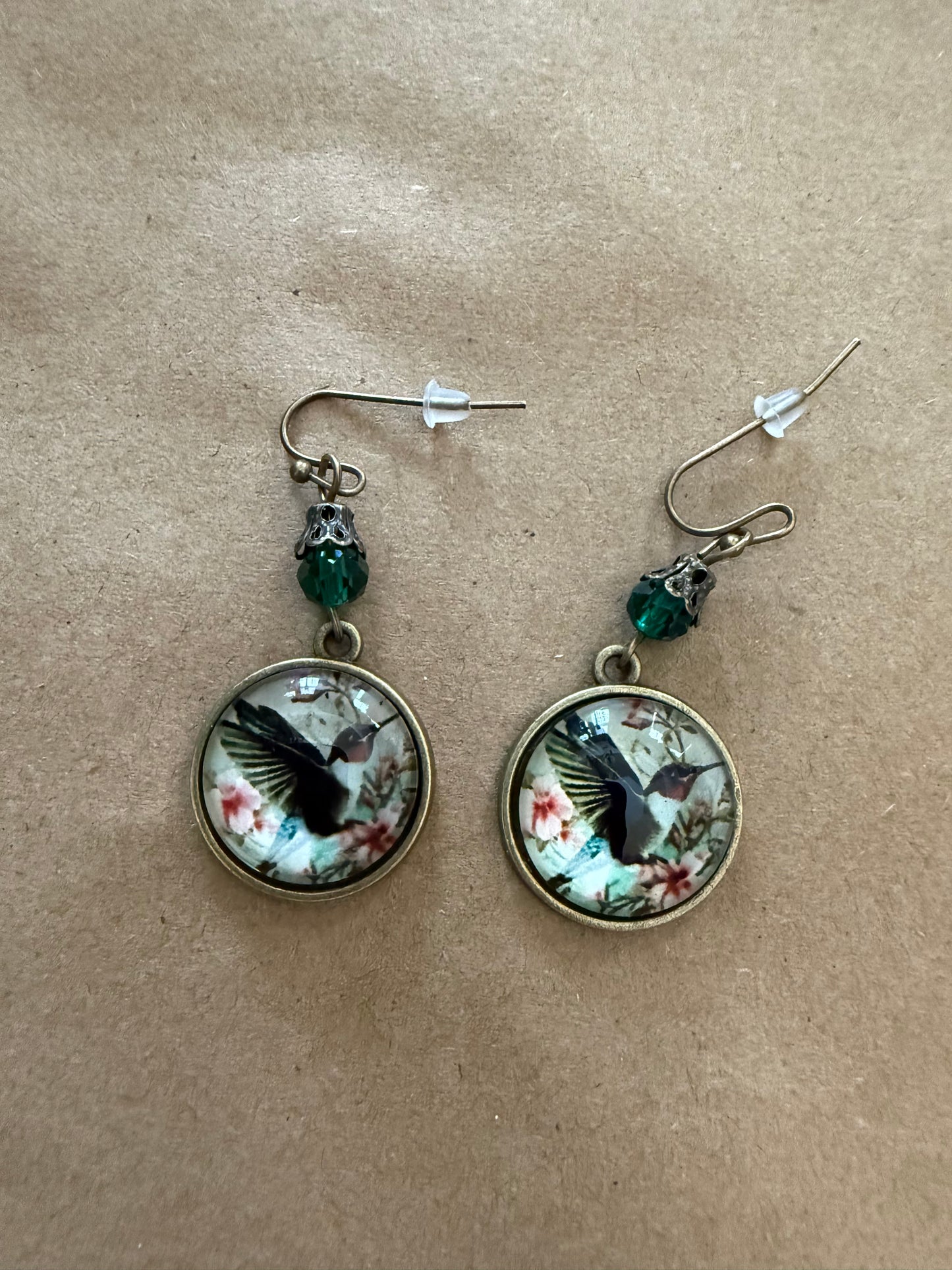 J26 Hummingbird in Acrylic Bubble Earrings in Antique Brass