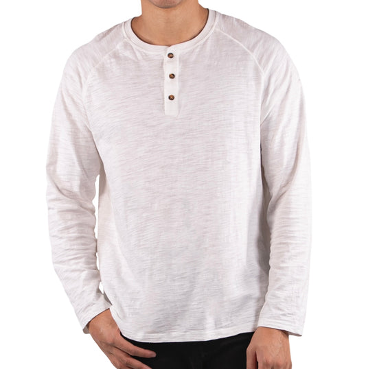 SS white Henley style long sleeve shirt with buttons