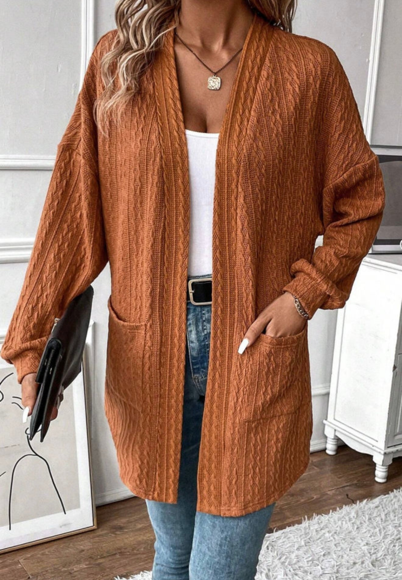 Cable Knit Design Rust colored Cardigan Sweater