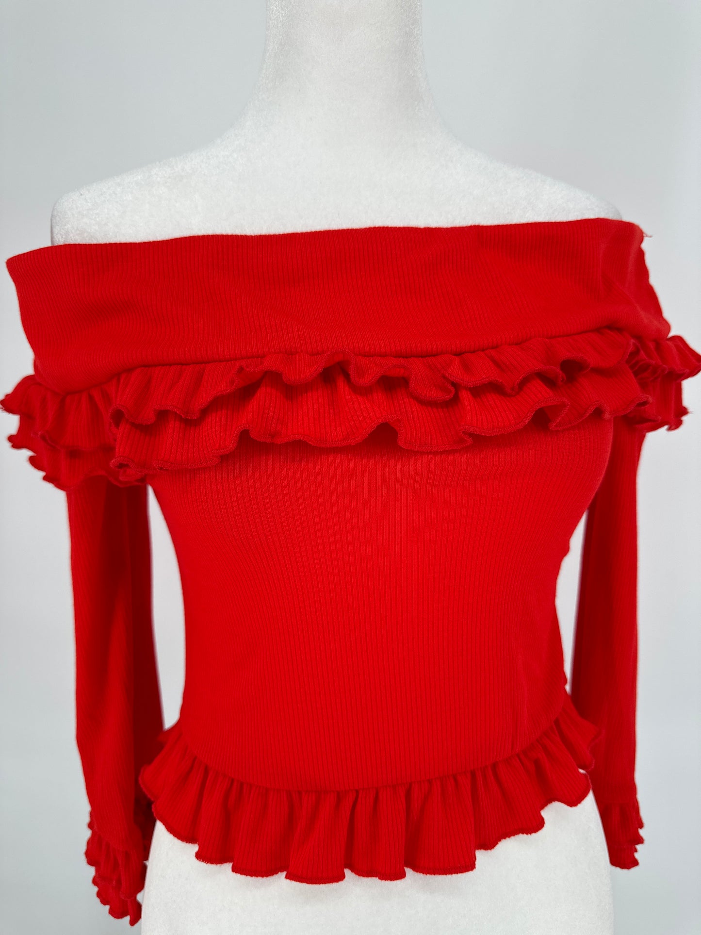 Red Ruffled Crop Top 3/4 Length Sleeve