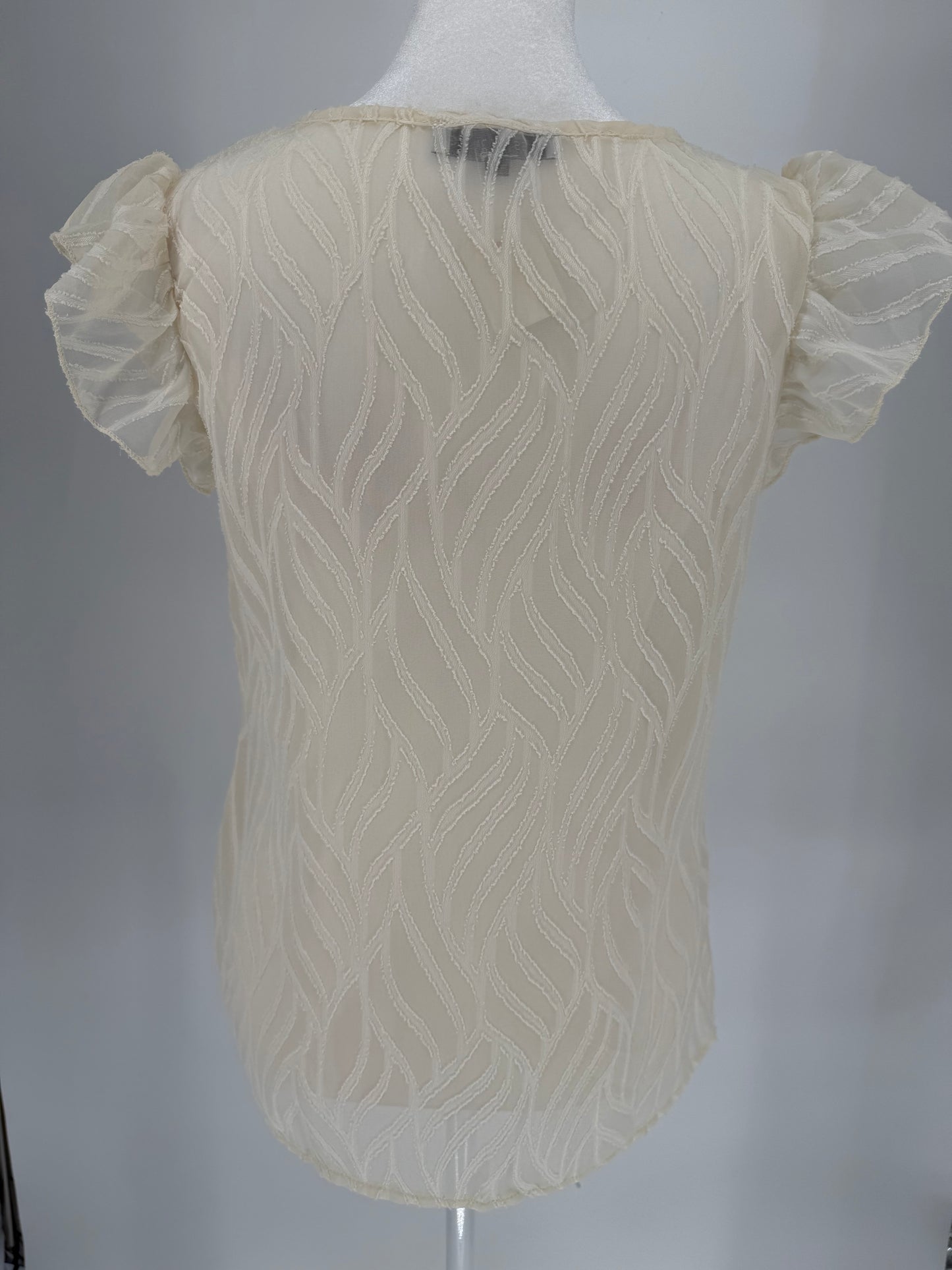 Ivory Cream Textured Top with Capped Flutter Sleeves and Lining