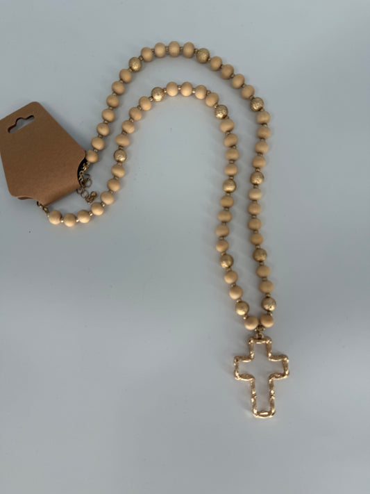 Wood and Gold Bead Cross Necklace