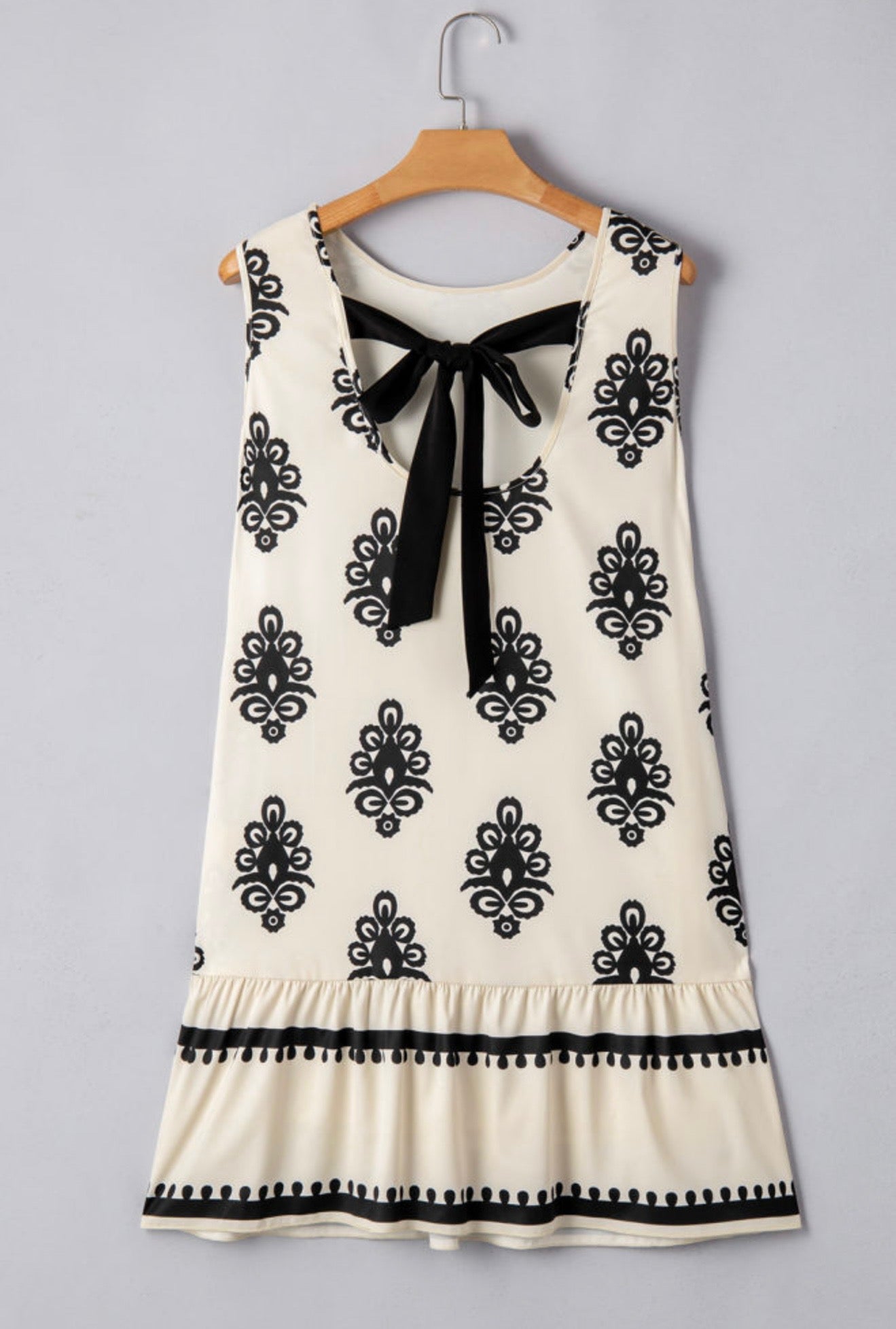 Ivory and Black Print Dress with Back Tie at neck