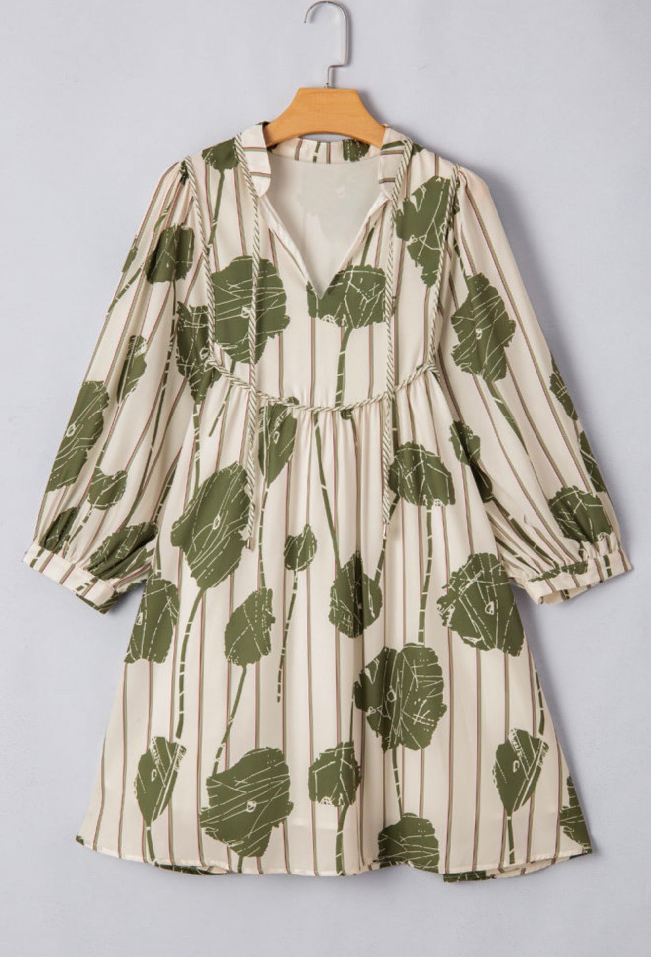 Green Printed Dress with Stripe and Piping Tie