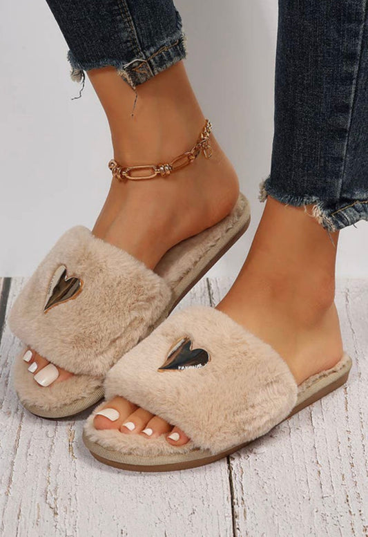 Heart of Gold Slippers in Khaki Faux Fur