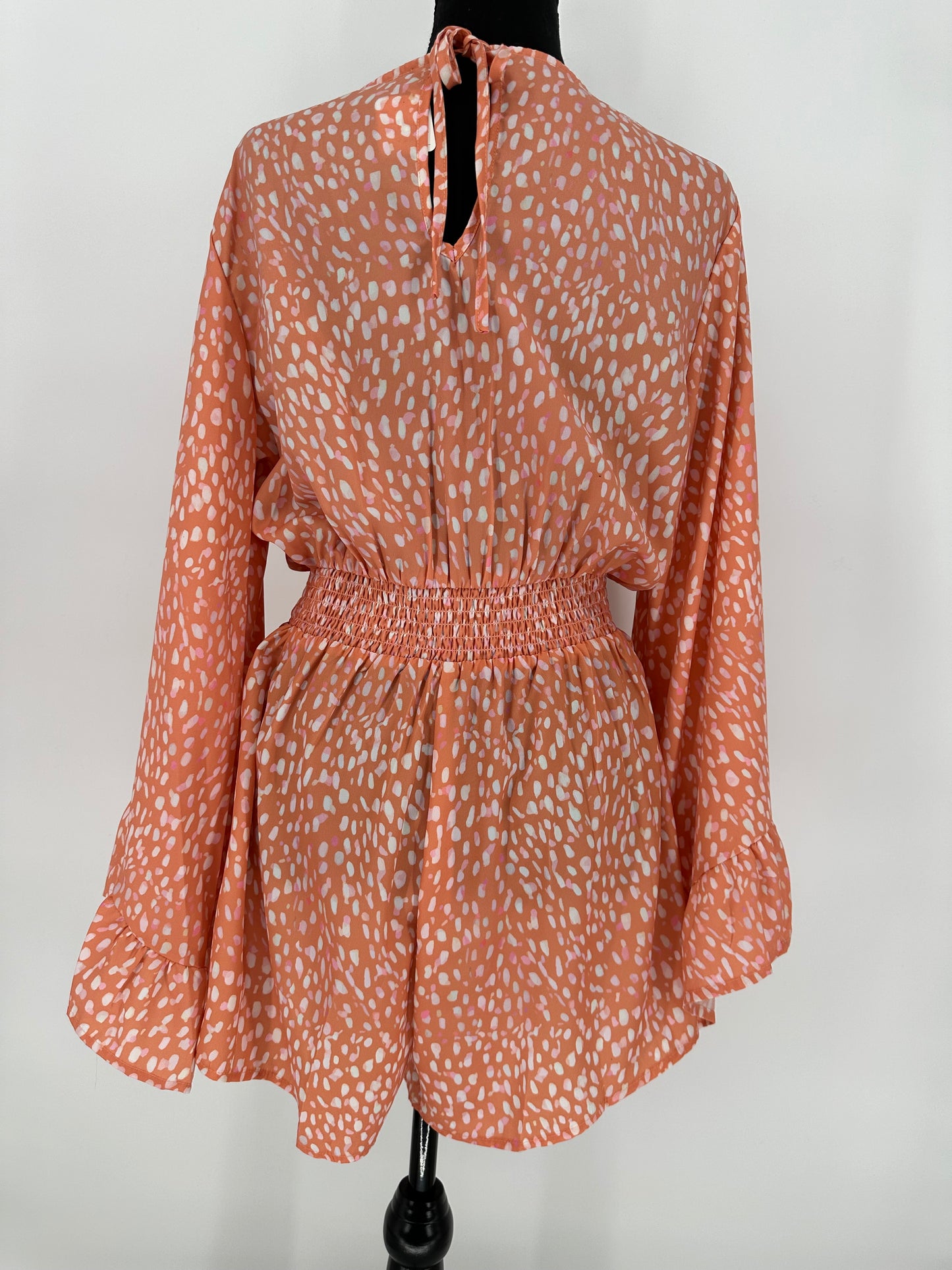 Orange Romper with Long Bell Sleeves and Cinched Elastic Waist