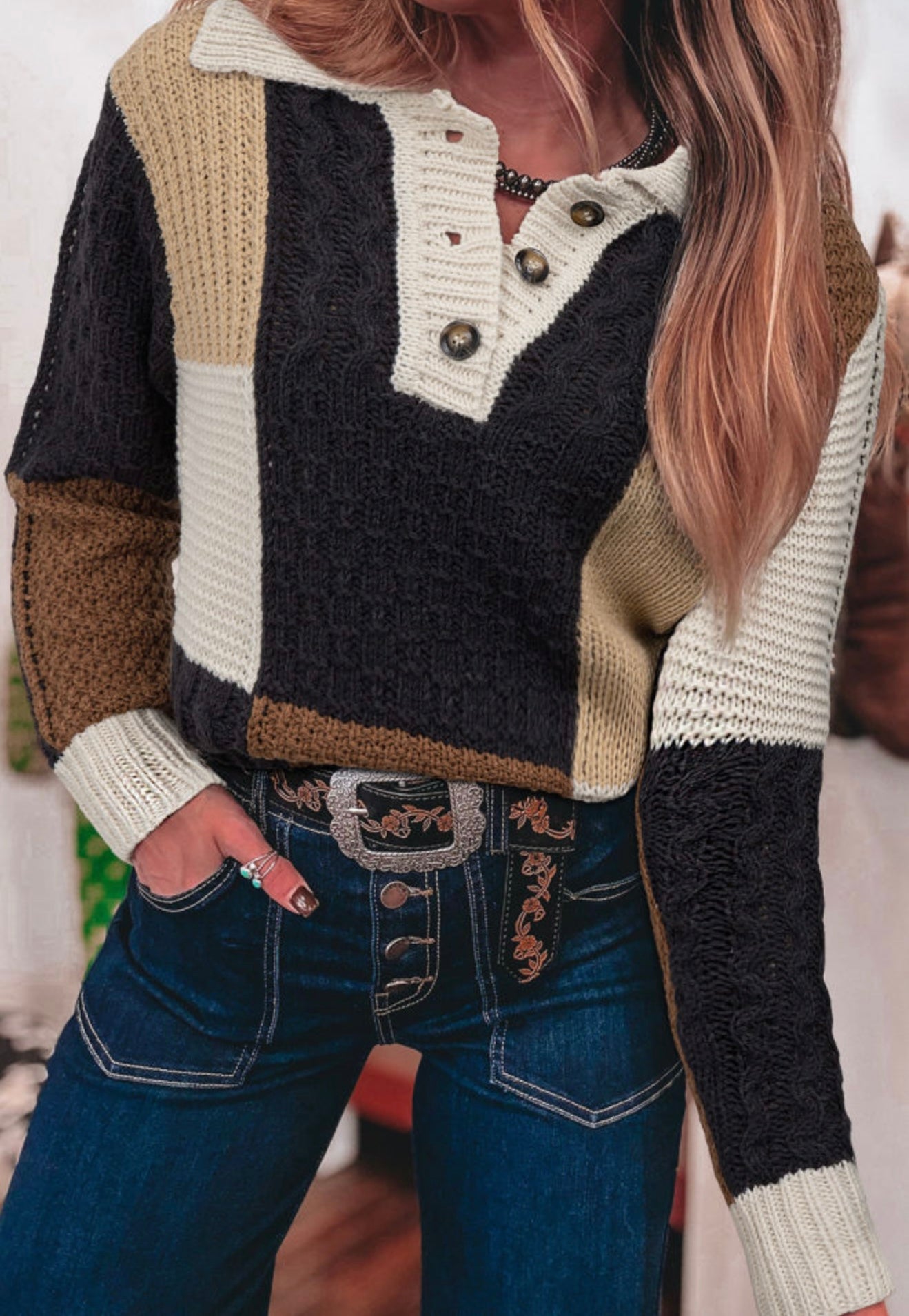 Cream Black Brown and Khaki Color Block Button Sweater