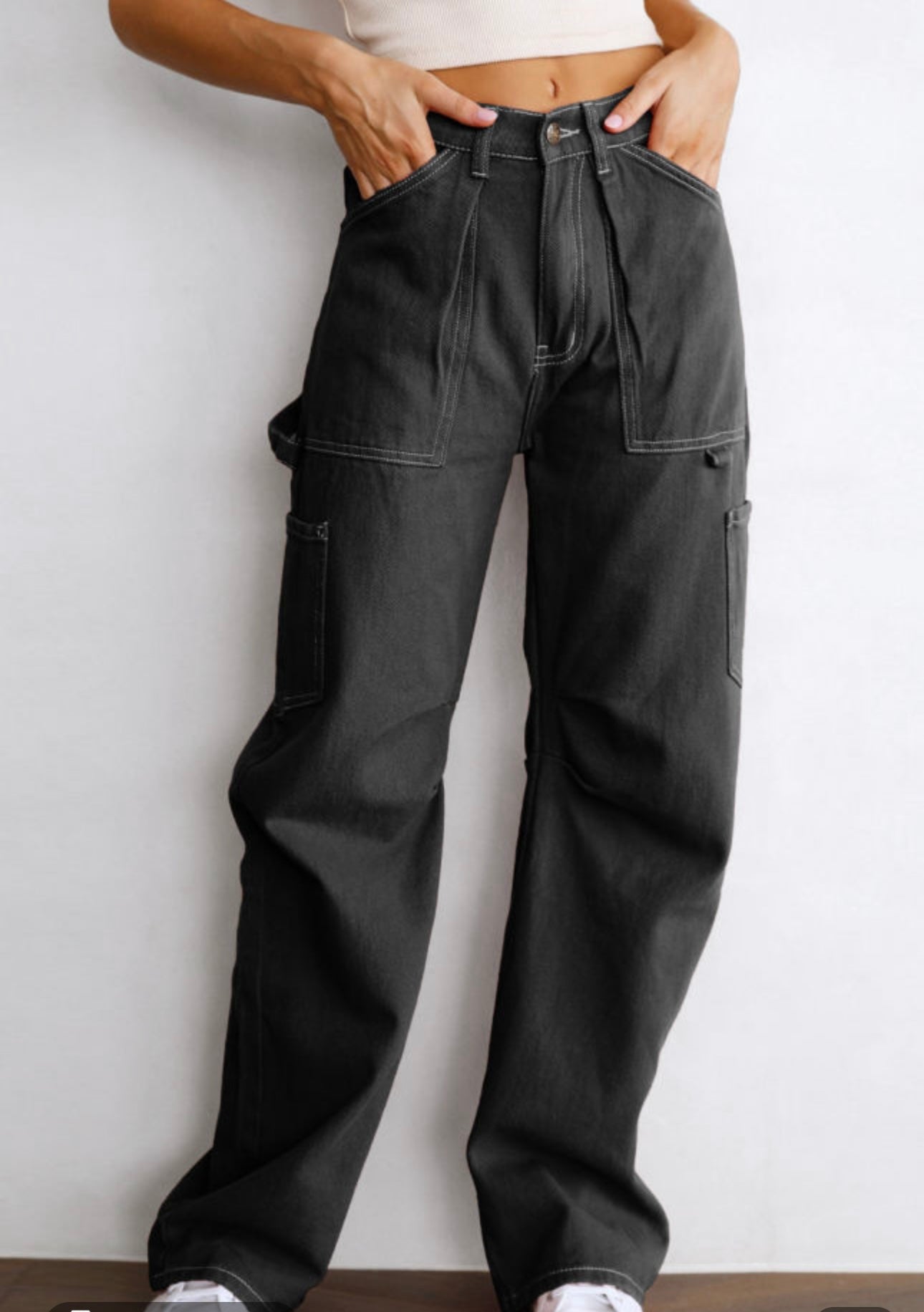 Black Cargo Pants with White Contrast Stiching