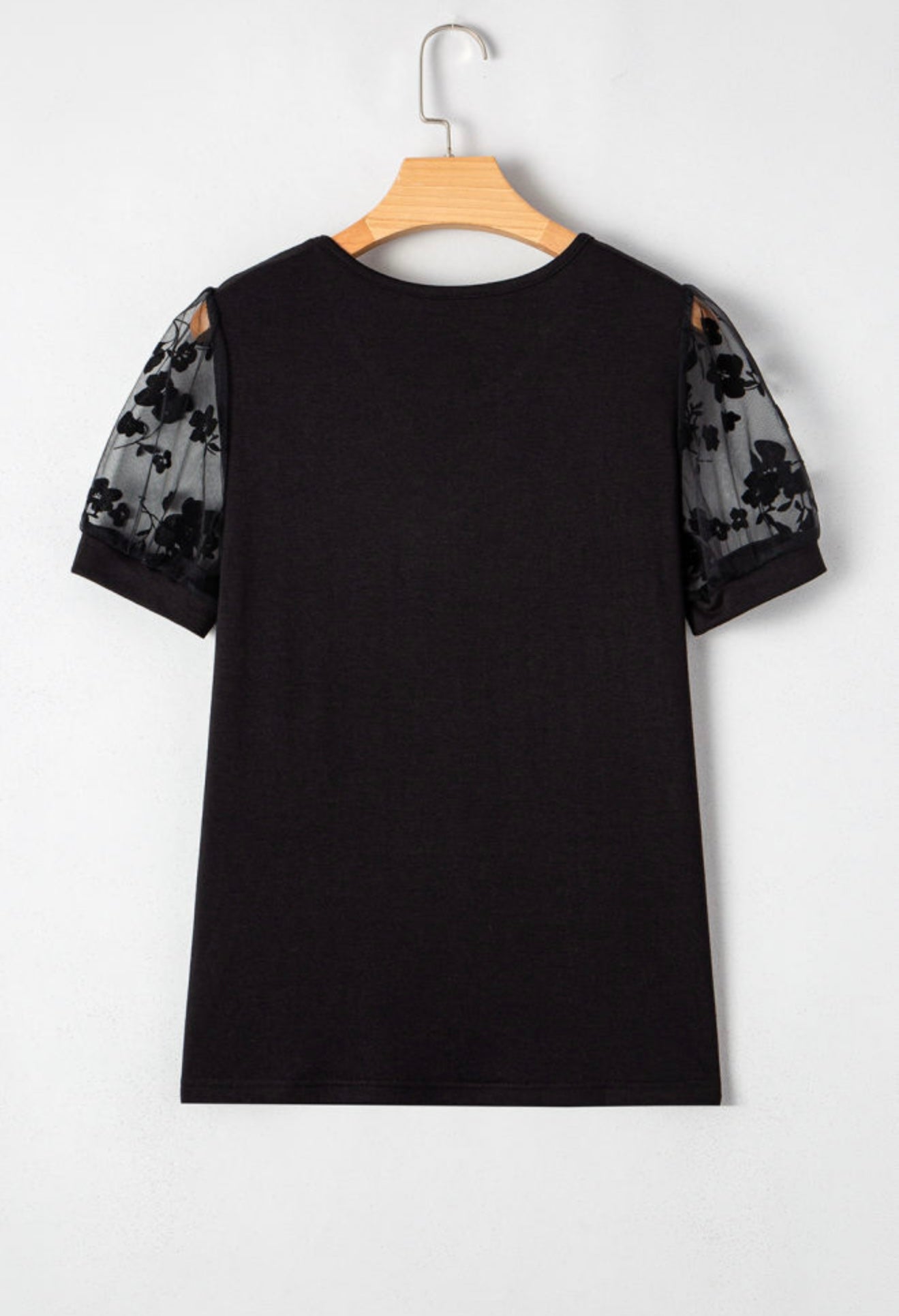 Black Top With Sheer Puff Sleeves and Neckline