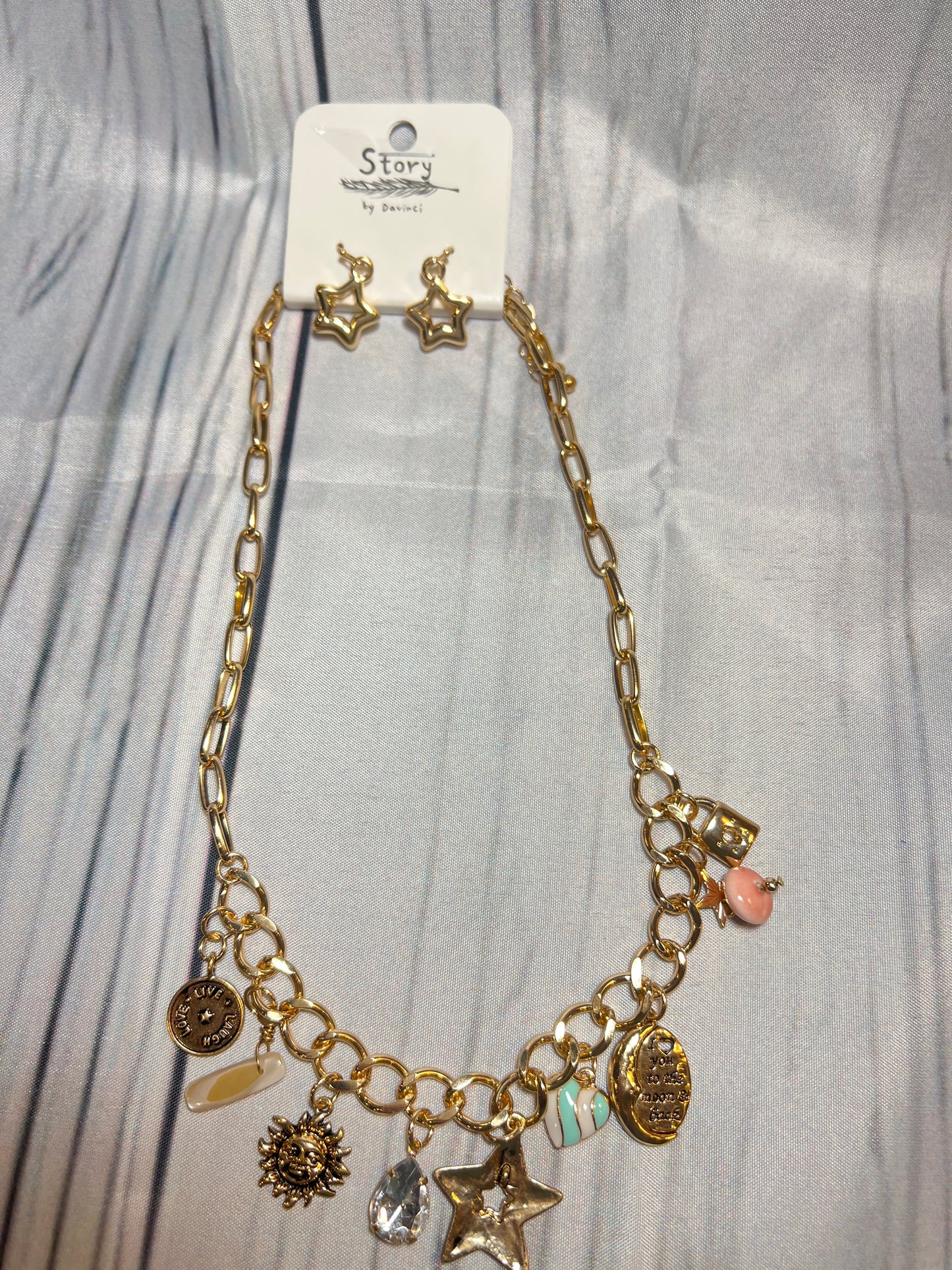 Trendy charm necklace with matching earrings set