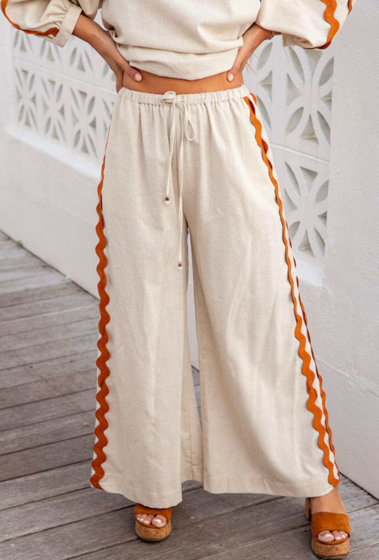 Cream 2 Pc Pant Set with Orange Rick Rack Trim