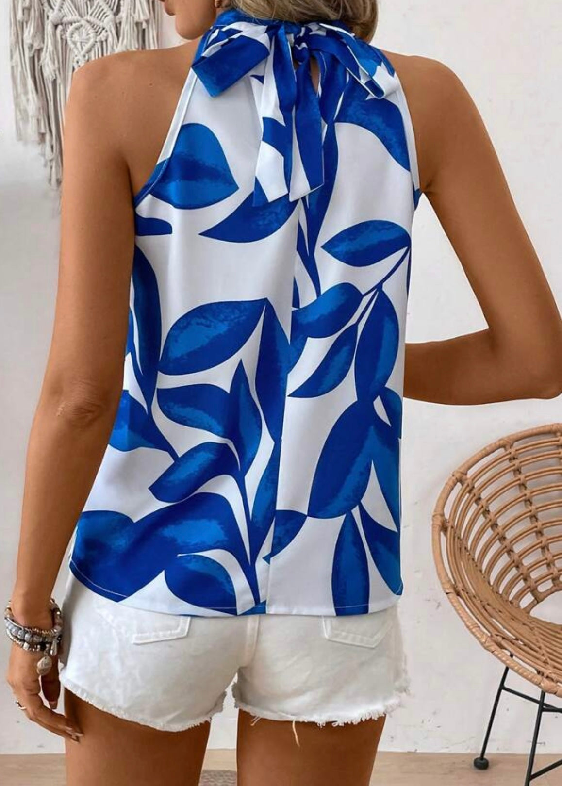 Blue and White High Neck Sleeveless Top