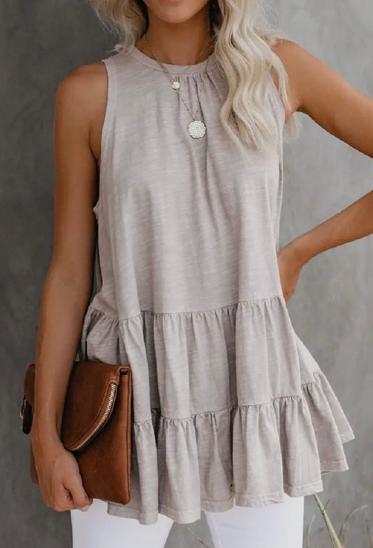Beige Sleeveless Ruffle Hem Tunic Top with Tie Back