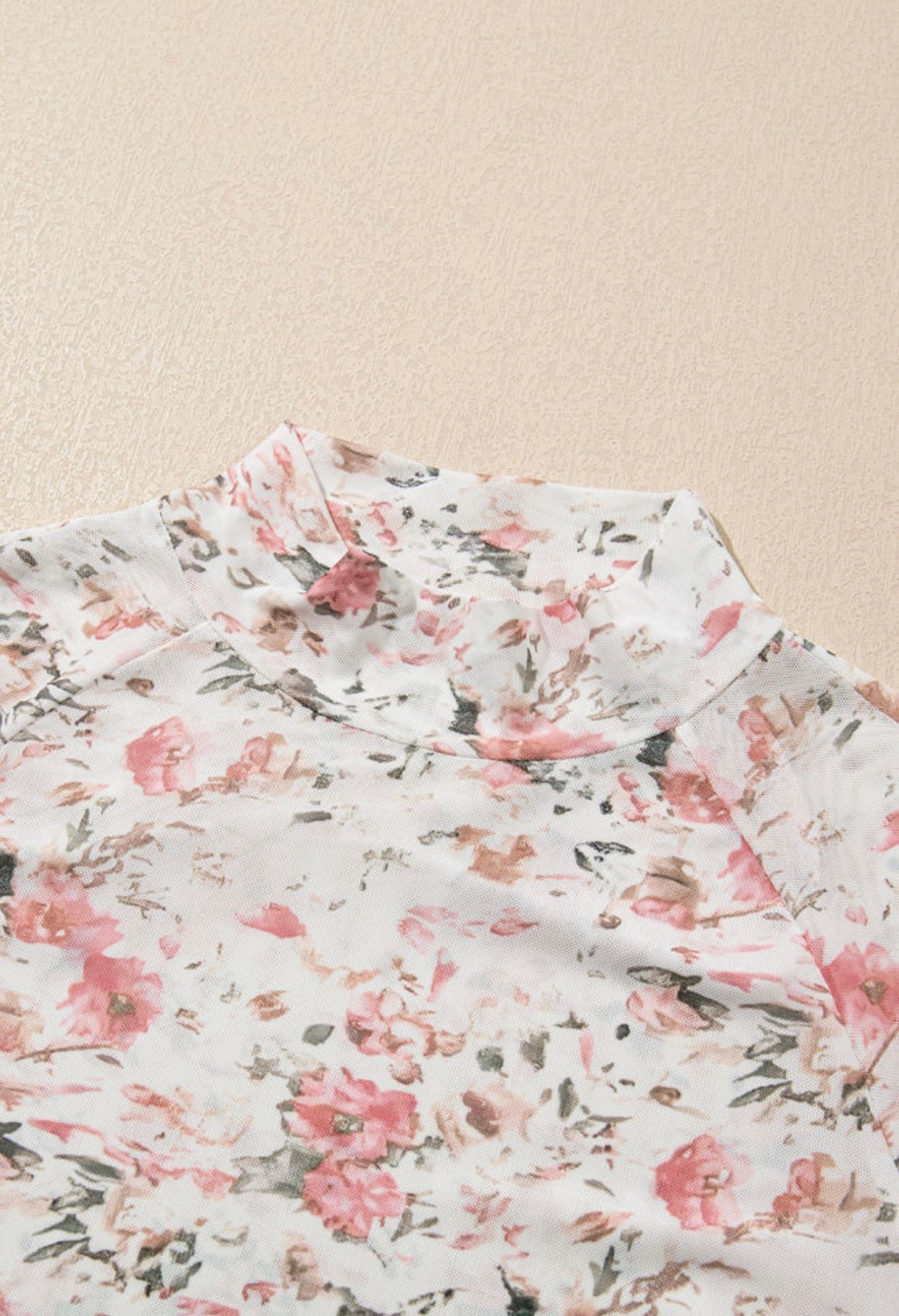 Sheer Floral Print Mock Turtle Neck Cropped Top