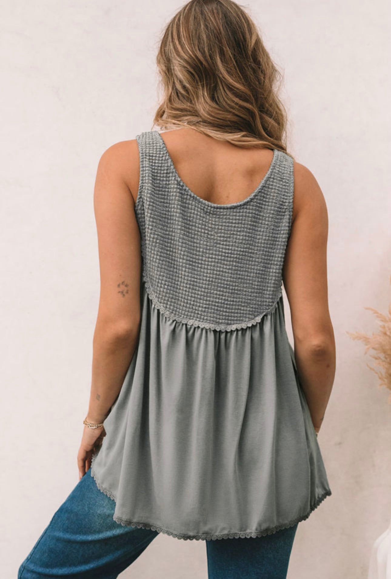 Umgee Gray Sleeveless Swing Top with Waffle Weave Boddice