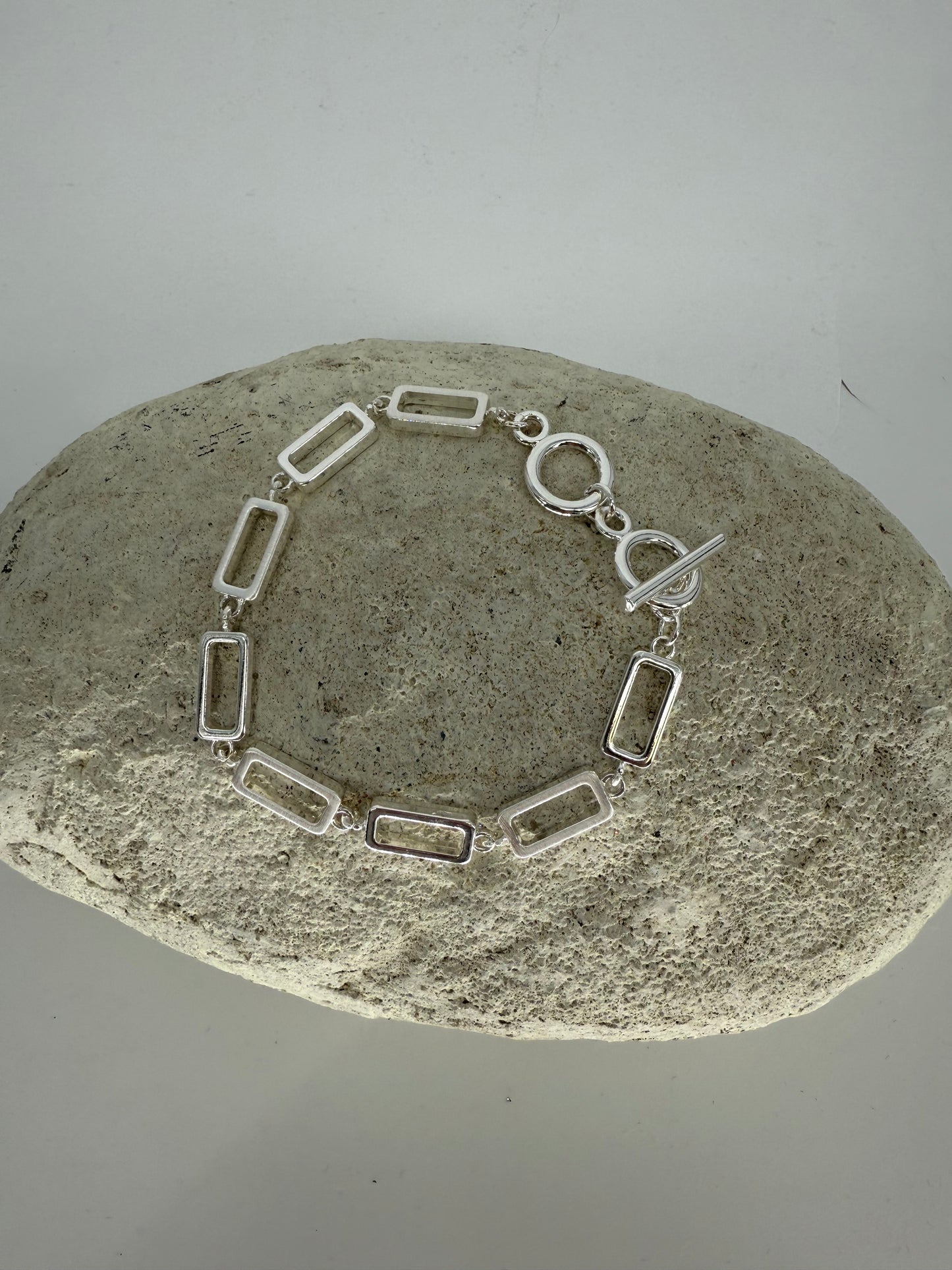 Trezo Silver Rectangle Link Necklace and Bracelet with Toggle Style Closure