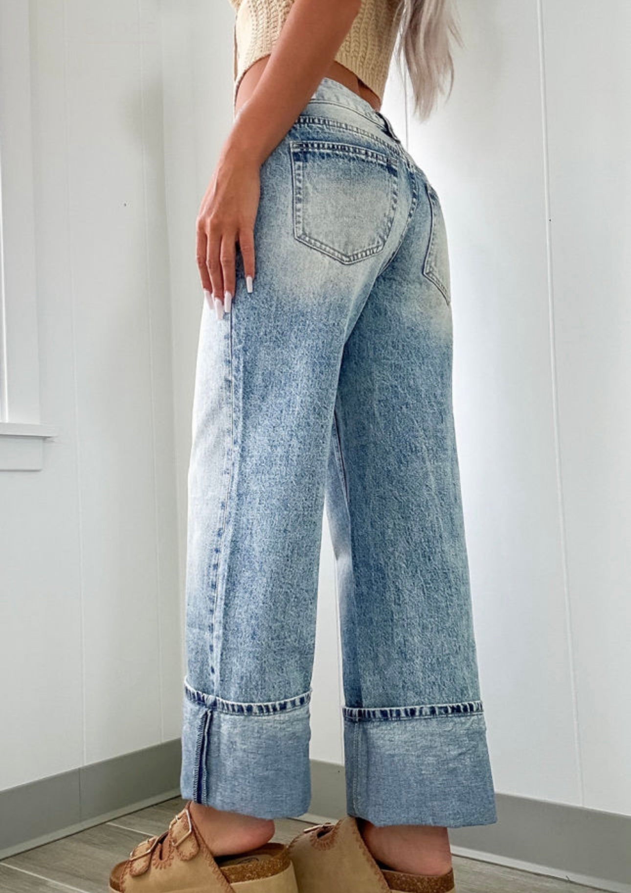 Light Wash Denim Jeans with Trendy Wide Hem
