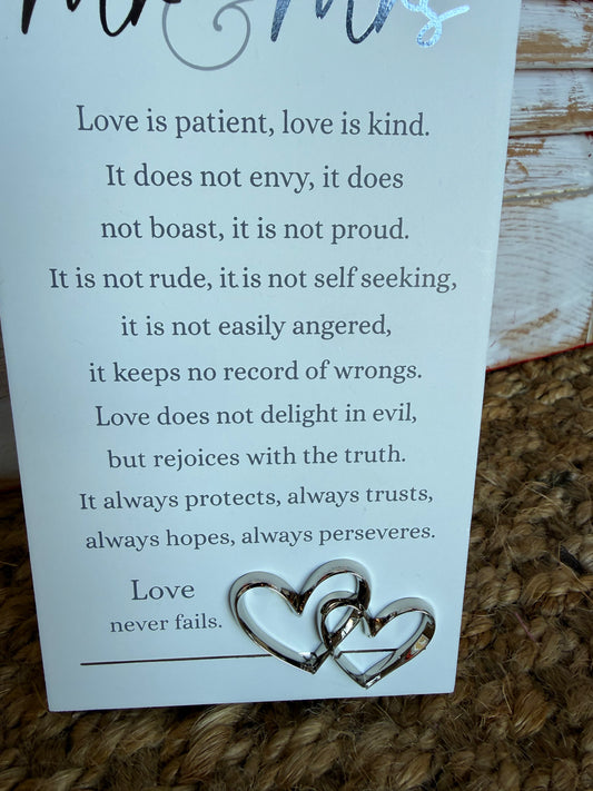 MMS Mr. & Mrs. Love Is Patient sentiment sign with silver heart embellishments and easel back from Ivy's Gifts & Boutique